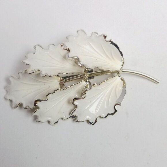 Vintage Large White Enamel Leaf Brooch, Minimal Retro Design Lapel Pin, Estate - Picture 5 of 6